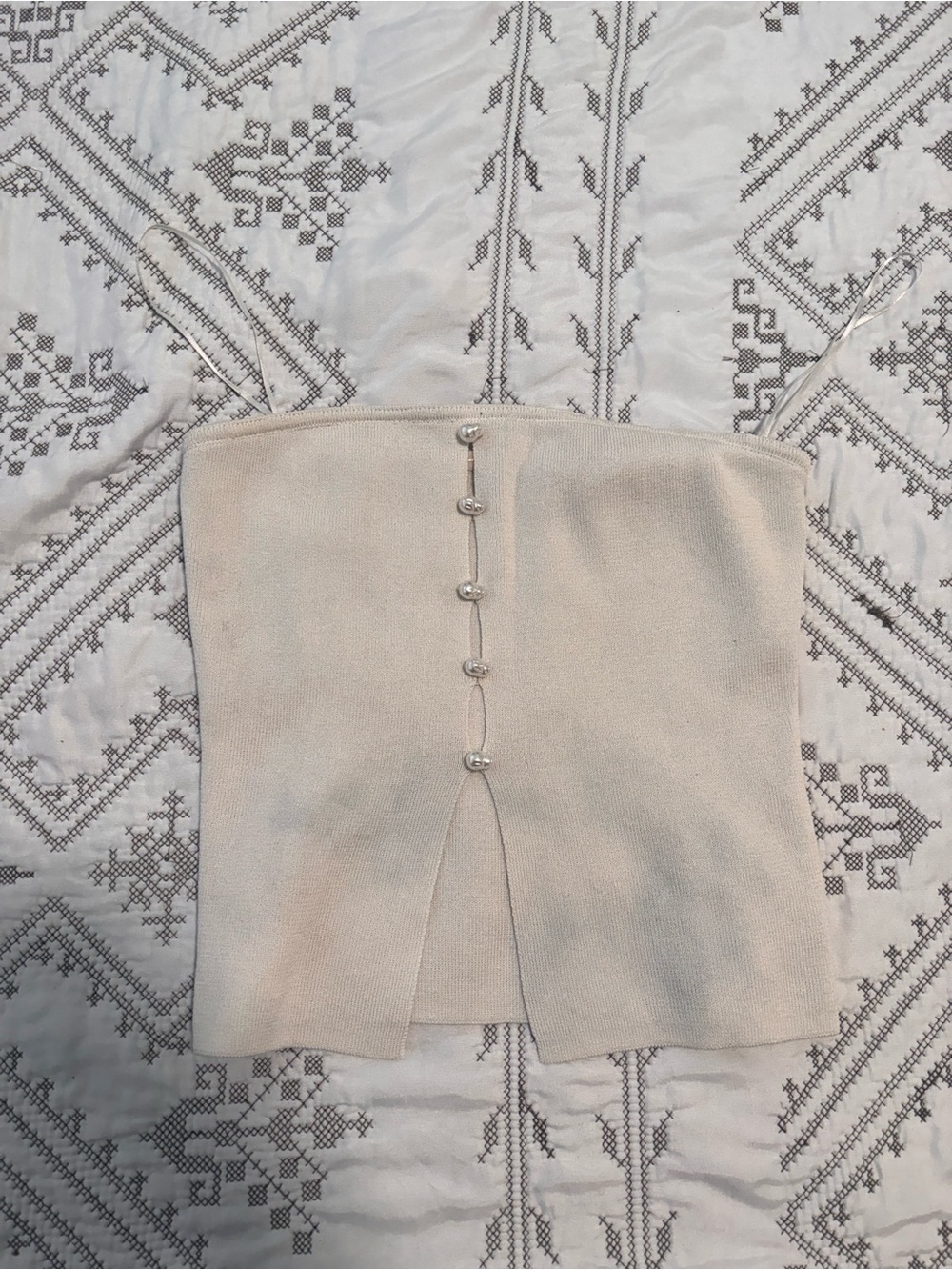 Strapless Pearl-Button Knit Tube Top in Cream